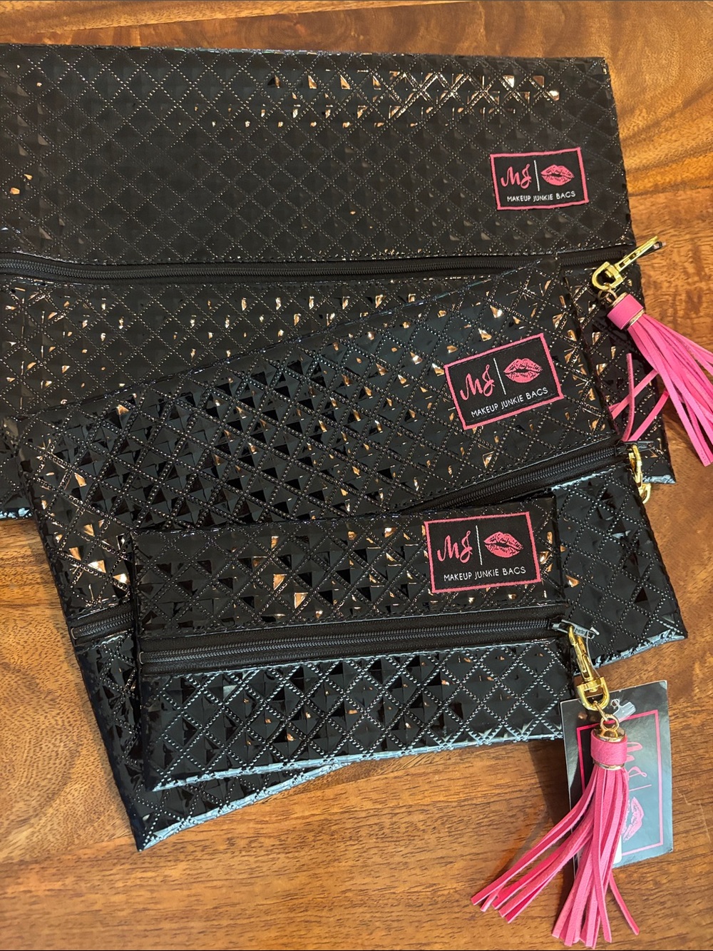 Makeup Junkie Bags Black Quilted Cosmetic Pouch w/ Pink Tassel-3 Sizes includes